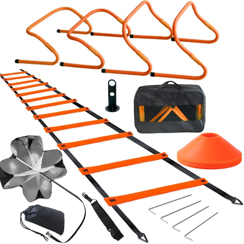 TOCO FREIDO Speed Training Hurdles Set - Agility Footwork Training and Speed Hurdles Ladder, 4 Adjustable Training Hurdle, 20ft Agility Ladder Set with 12 Rungs, 1 Running Parachute and Footwork Drills Equipment - Image 1
